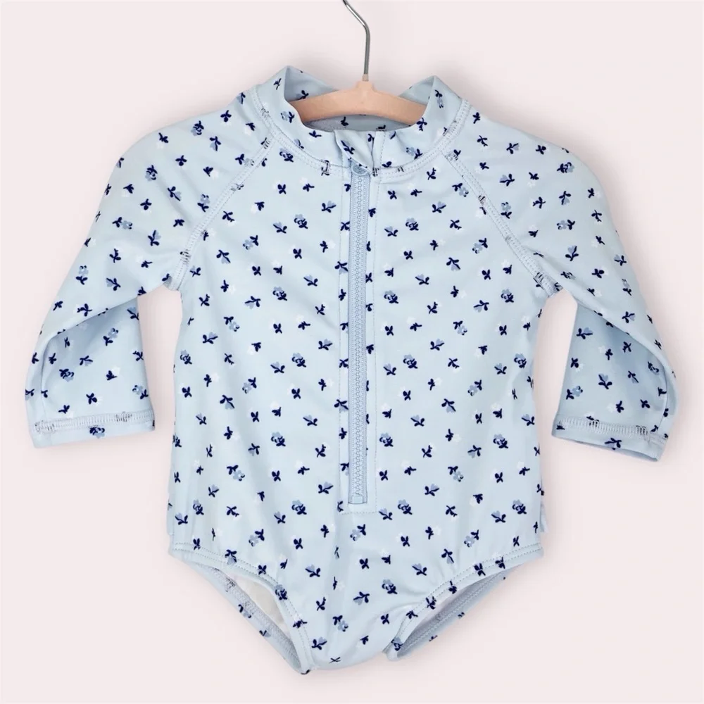 NWT Janie and Jack rash guard swimsuit beau blue floral w/ ruffles 0-3 months‎